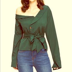 Green Asymmetrical Neck Blouse